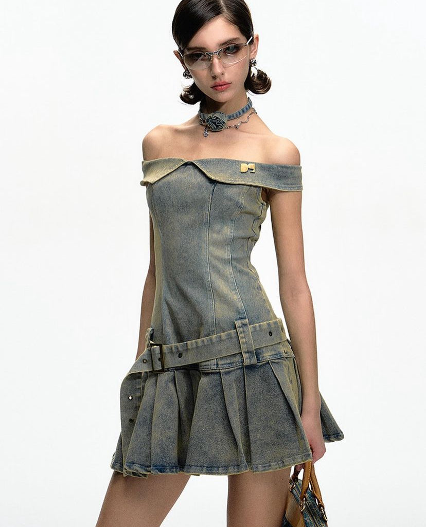 Off shoulder pleated denim dress by Dpercent