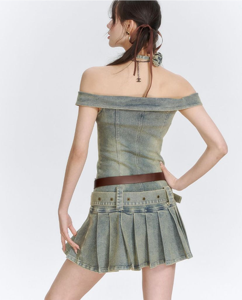 Off shoulder pleated denim dress by Dpercent