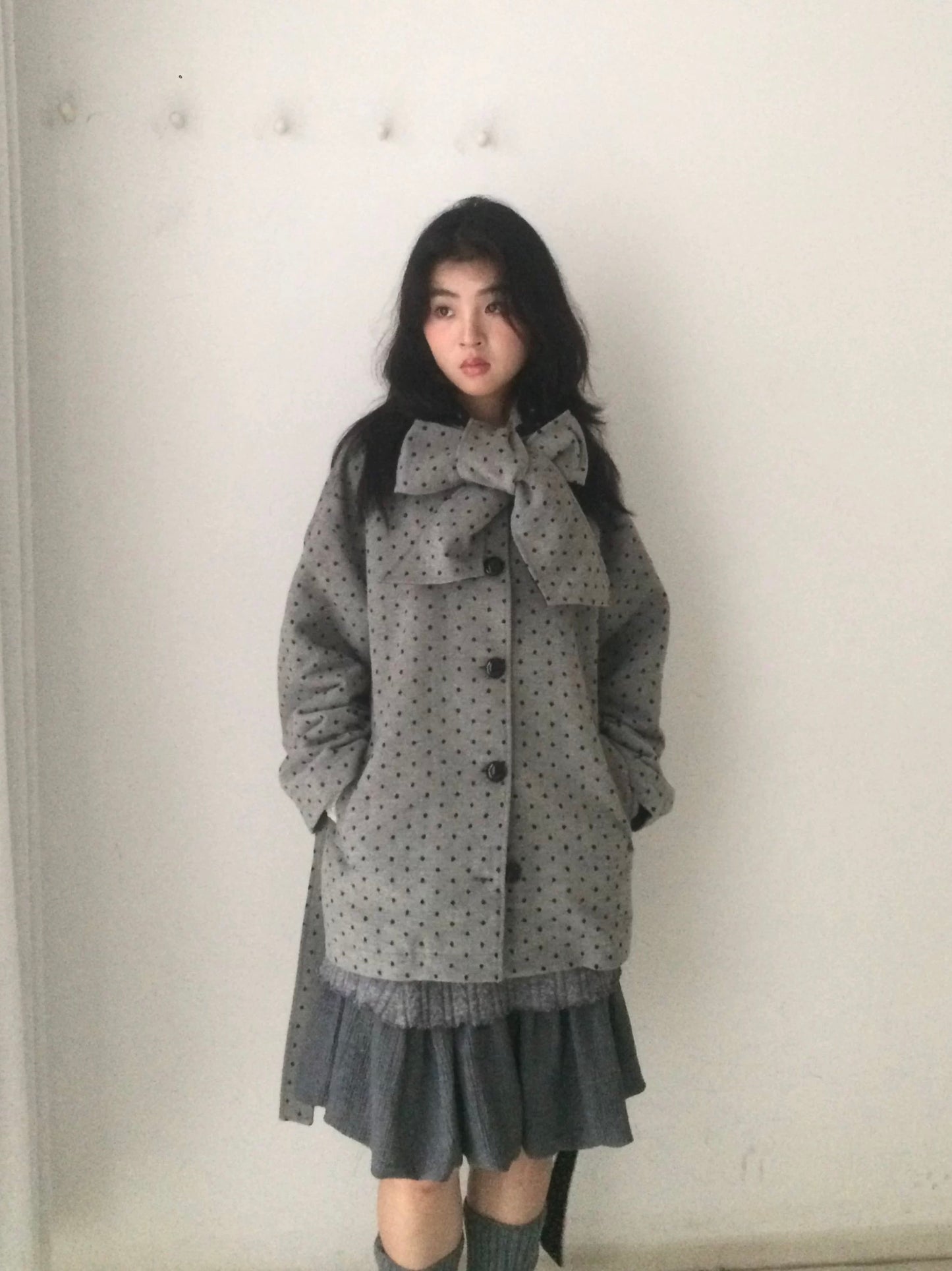 Grey polka dot coat with scarf by SicAstra